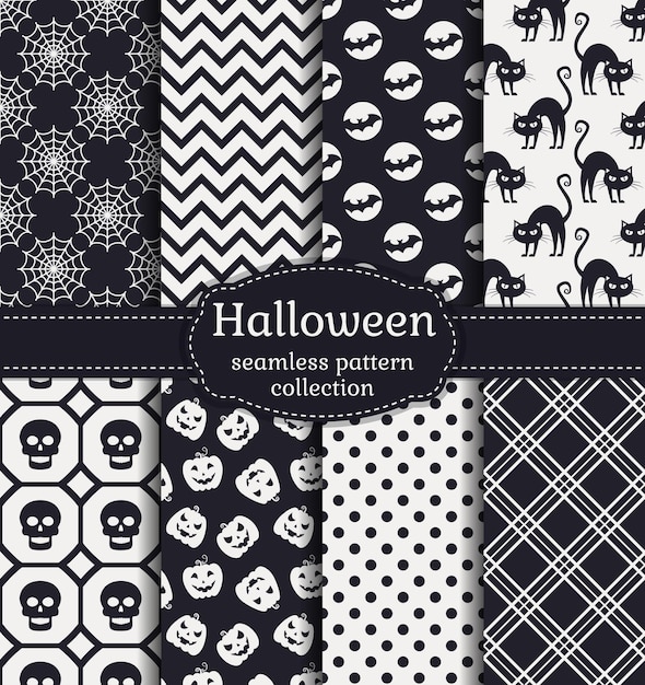 Happy halloween! set of seamless patterns with traditional holiday symbols