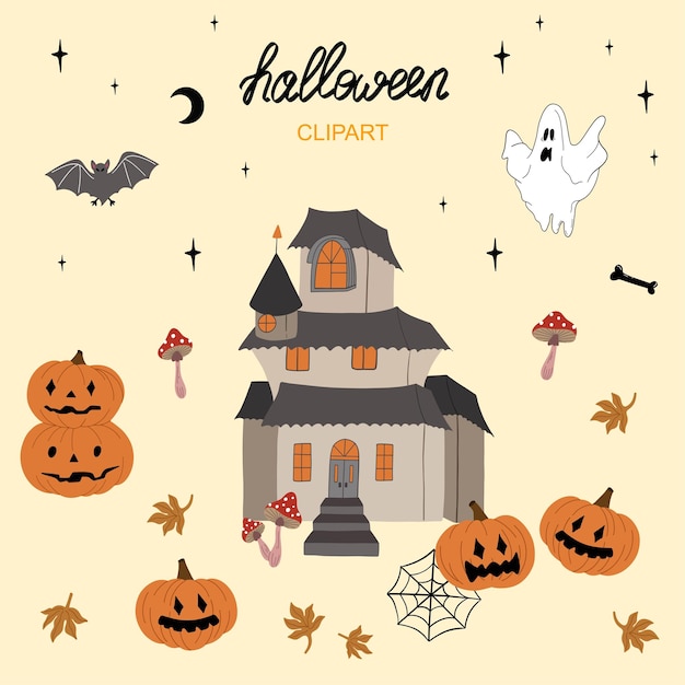 Happy halloween set with castle scary pumpkins and ghost party design
