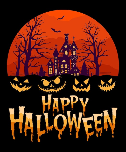 Счастливый шаблон печати рубашки Хэллоуина, Страшная домашняя летучая мышь, тыквенное дерево, винтажное ретро