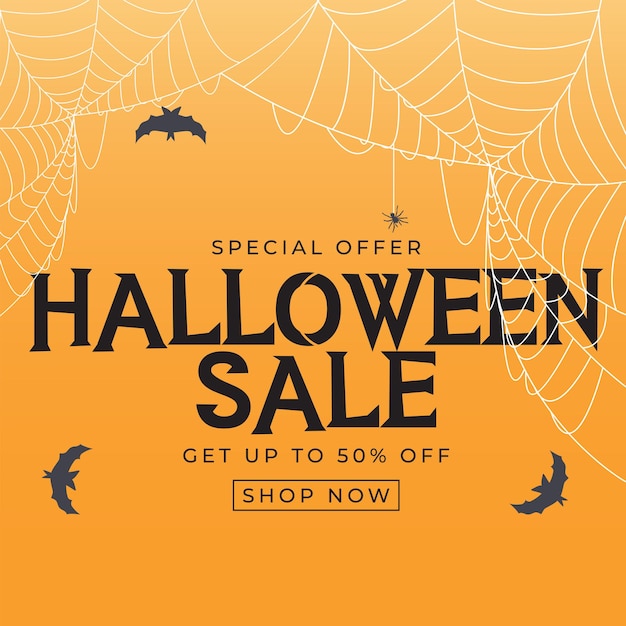 Happy halloween, shop now poster template on orange background with bat and spider. vector illustration