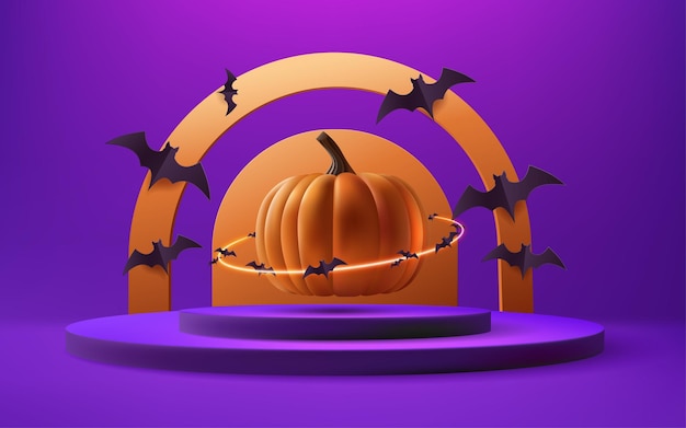 Happy Halloween showcase minimalistic stage with an orange backdrop and 3d pumpkin ghost bats