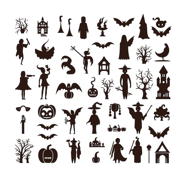 Vettore insieme di set di silhouette happy halloween di elementi vettoriali di halloween