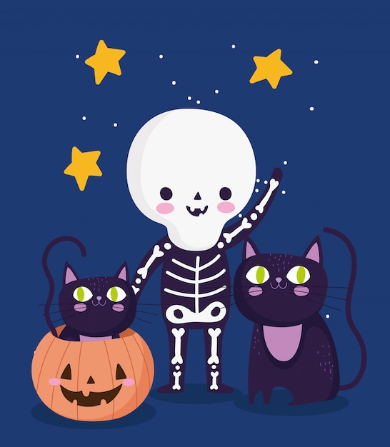 ハッピーハロウィン、スケルトンコスチューム黒猫とカボチャのトリックオアトリートパーティーお祝いイラスト