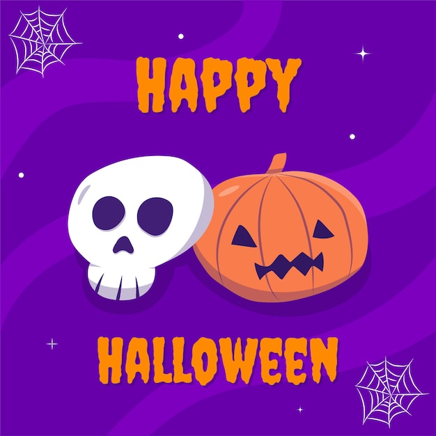 Happy halloween skull and pumpkin flat design