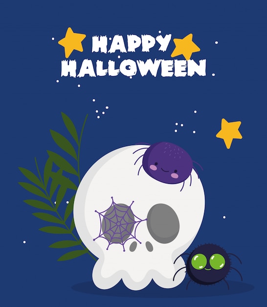 Happy halloween, skull with spiders and cobweb trick or treat party celebration illustration