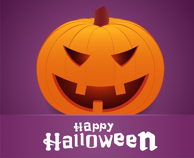 Счастливого хэллоуина. улыбающееся лицо тыквы на фиолетовом фоне. открытка.