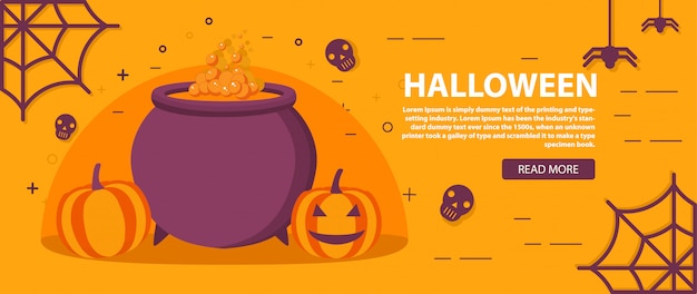 Happy Halloween spider web,skull,witch's cauldron,smiling pumpkins.