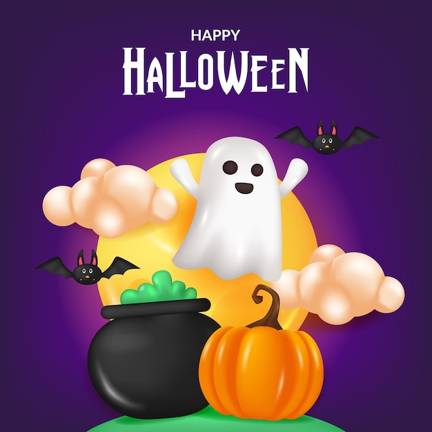 Happy halloween spirit ghost with pumpkin and cauldron at purple night background