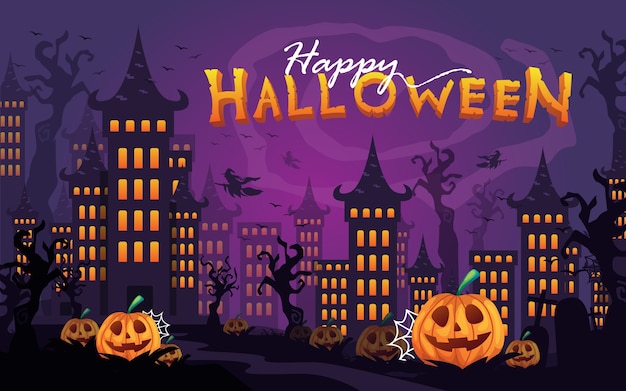 Vettore happy halloween spettrale castello con albero scuro e illustrazione vettoriale zucca