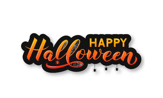 Vettore adesivo happy halloween con calligrafia scritta a mano e silhouette di ragni modello vettoriale facile da modificare per biglietto di auguri banner adesivo tipografia poster invito festa tshirt ecc