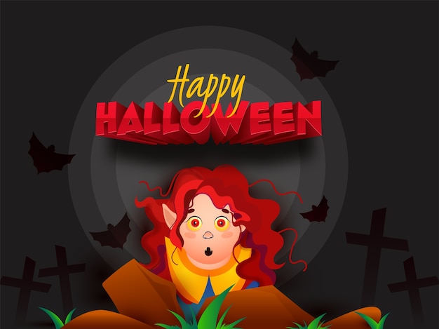 Happy halloween-tekst met heks stripfiguur