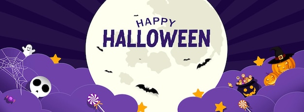 Happy halloween tekst vector sjabloon ontwerp halloween uitnodigingskaart met volle maan elementen