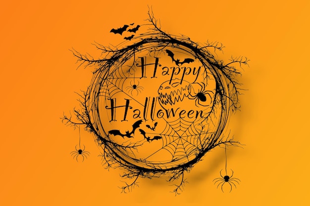 Happy halloween-tekstbanner, horrorkrans van takken, een realistische ronde framerand