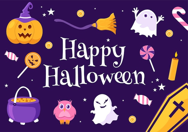 Happy Halloween Template Background Hand Drawn Cartoon Flat Illustration