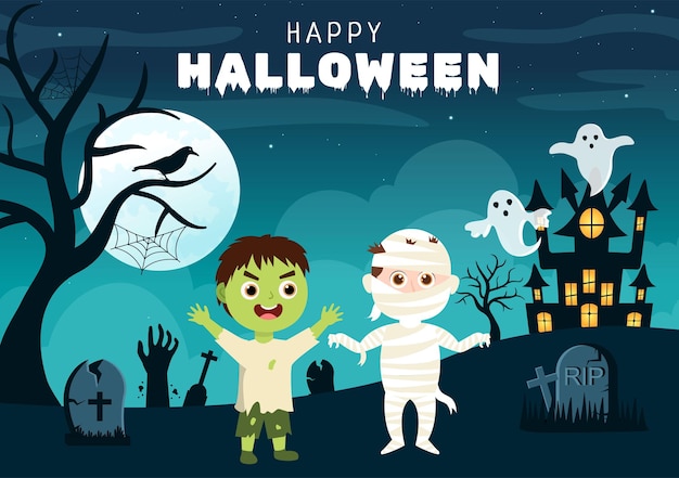 Happy Halloween Template Background Hand Drawn Cartoon Flat Illustration