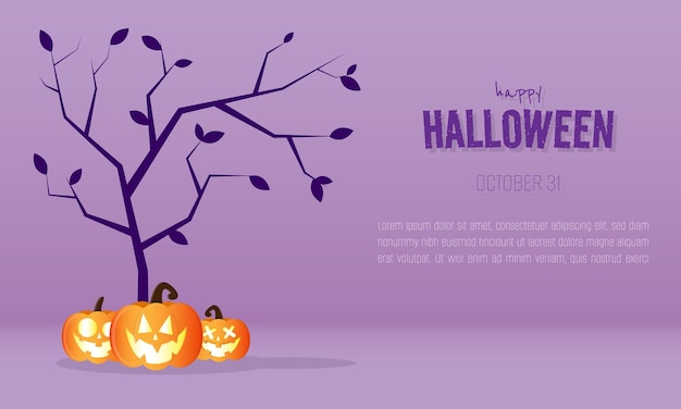 Happy halloween template with three pumpkins under the tree