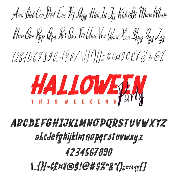 Happy halloween banner di testo set di caratteri tipografici disegnati a mano isolato su bianco