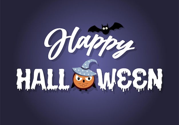 Happy halloween text banner with owl in hat and bat. vector illustration.