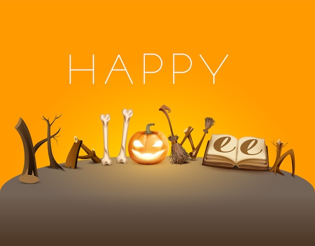 Cartolina d'auguri felice del testo di halloween. lanterna di zucca, libro magico e accessorio per le vacanze di scopa. illustrazione