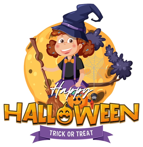 Счастливый хэллоуин текстовый логотип с мультипликационным персонажем
