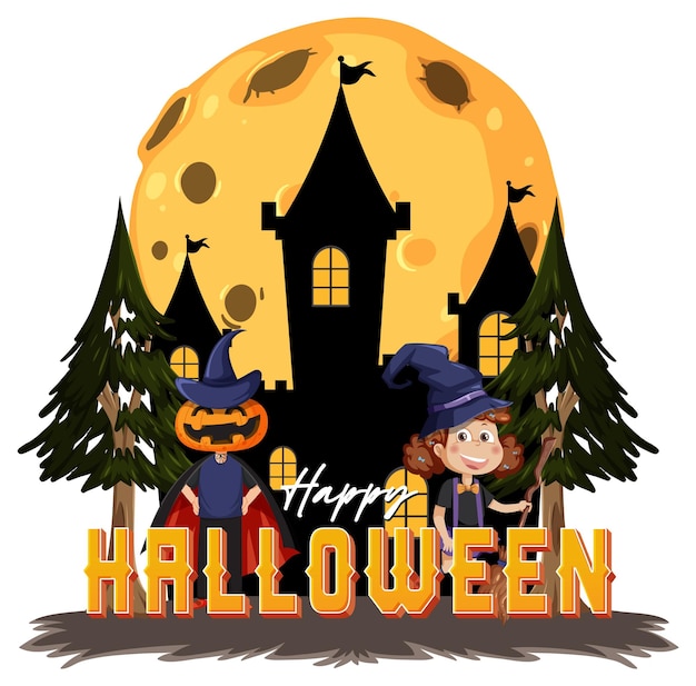 Happy halloween text logo with cartoon character