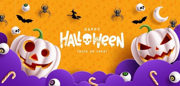 Happy halloween text vector design Halloween greeting invitation card in yellow pattern space