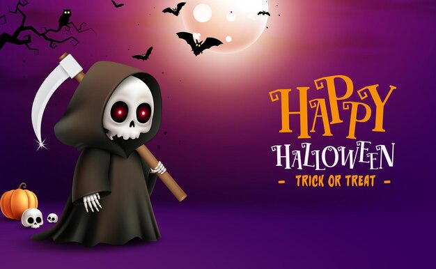 Happy halloween text vector design Halloween grim reaper character holding scythe elements in full