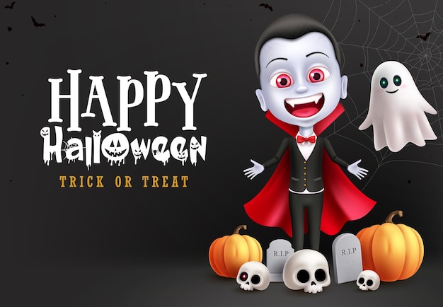 Happy halloween text vector design Halloween trick or treat greeting in black space with vampire