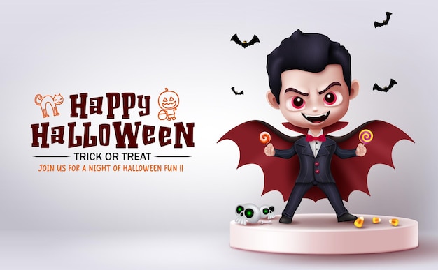 Happy halloween text vector design Halloween trick or treat greeting card with vampire character