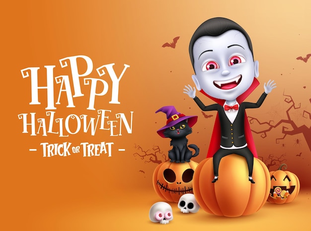 Happy halloween text vector design Halloween trick or treat greeting with vampire character cat