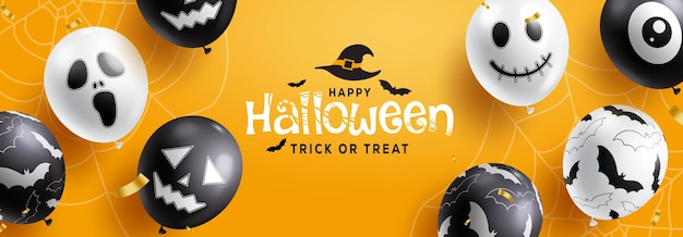 Happy halloween testo disegno vettoriale biglietto d'invito per halloween dolcetto o scherzetto con fantasma inquietante