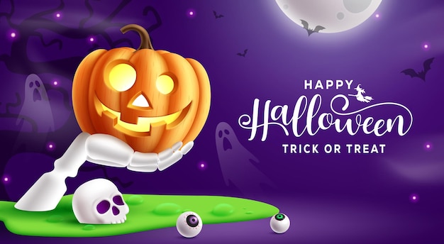 Happy halloween text vector design Halloween trick or treat with pumpkin skull and skeletal hand