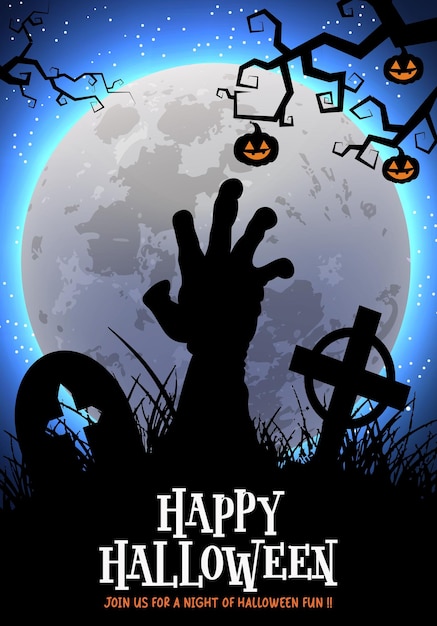 Happy halloween text vector poster design Halloween greeting card with dead zombie hand in creepy