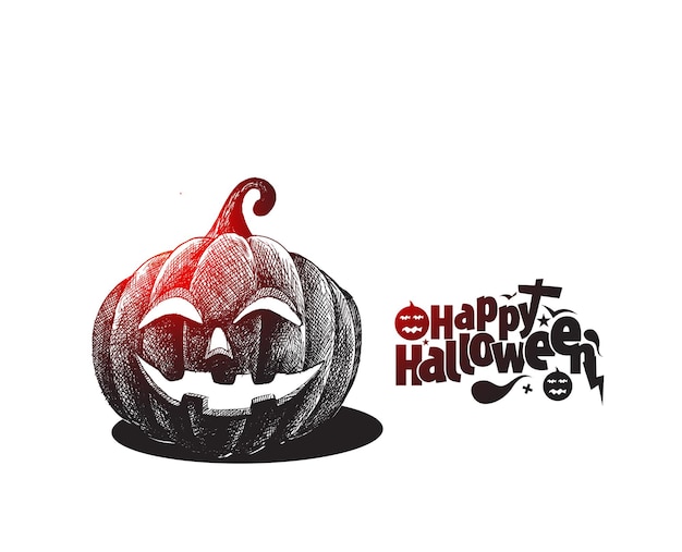 Happy halloween text with pumpkin hand drawn sketch vector design.