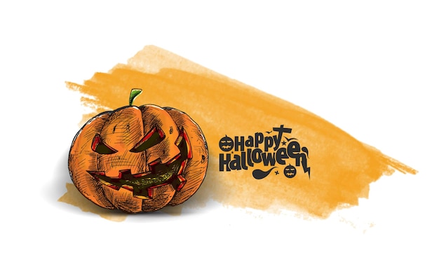 Happy Halloween Text With Pumpkin Hand Drawn Sketch Vector Design.