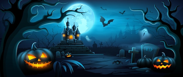 Счастливое Хэллоуинское дерево, страшный замок, тыквы, летучая мышь, летающий призрачный баннер в лунную ночь, темно-синий