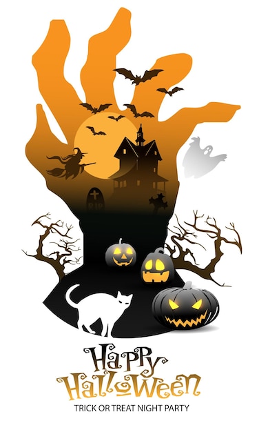 Vector happy halloween trick or treat nacht partij poster oranje wit ontwerp festival viering vector