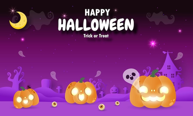 ハッピーハロウィンのトリックオアトリートペーパーカットスタイルのカボチャとゴースト、楽しいパーティーのお祝いの招待状