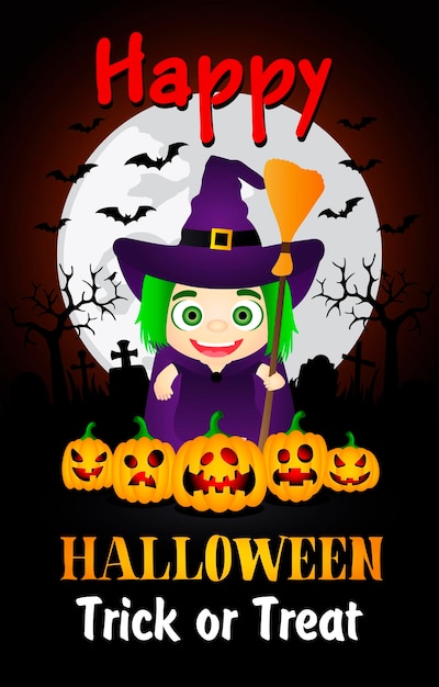 Happy Halloween Trick or Treat poster met kind in kostuum heks Halloween wenskaart