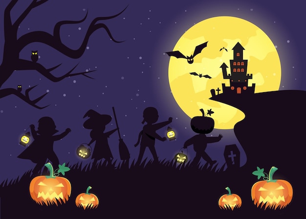 Vector happy halloween (trick or treat) celebration with characters