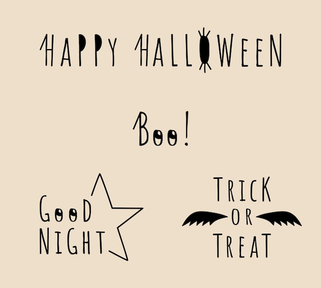 Buon halloween, dolcetto o scherzetto, buona notte, boo lettering. set di adesivi doodle di halloween isolati