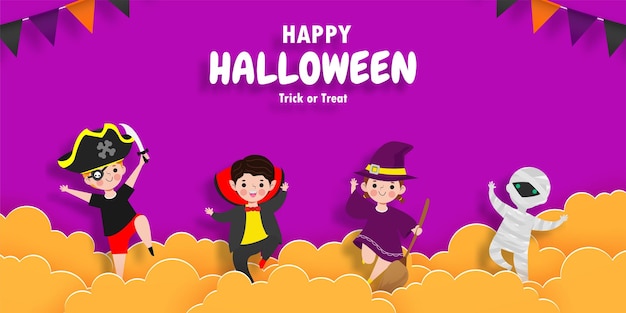 Happy halloween trick or treat paper cut style kids costume fun party celebration invitation banner