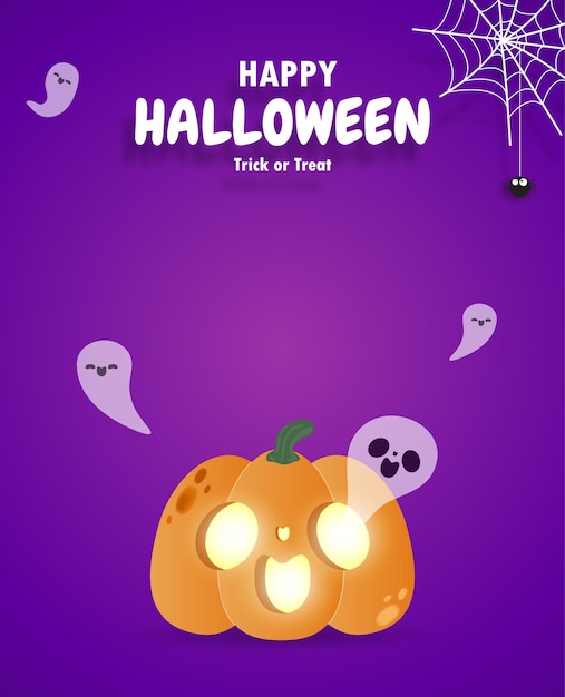 Happy Halloween trick or treat paper cut style pumpkins and ghost, fun party celebration invitation