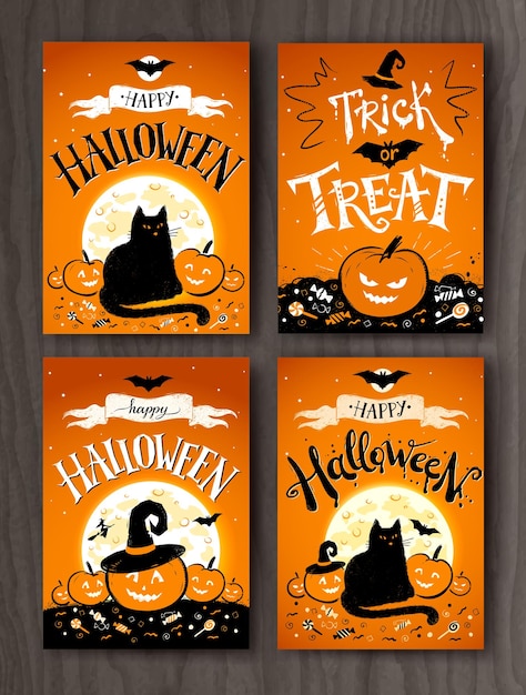 Happy Halloween and Trick or Treat postcards designs set with hand drawn letters