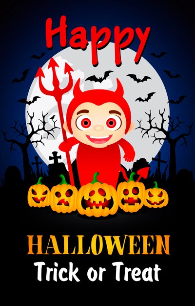 Happy Halloween Trick or Treat poster with kid in costume devil Halloween greeting card