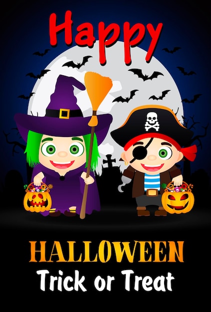 Happy Halloween Trick or Treat poster with kids in costumes witch and pirate Halloween greeting card