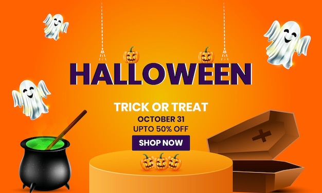 Happy Halloween trick or treat sale banner poster or web header Illustration of ghost and elements