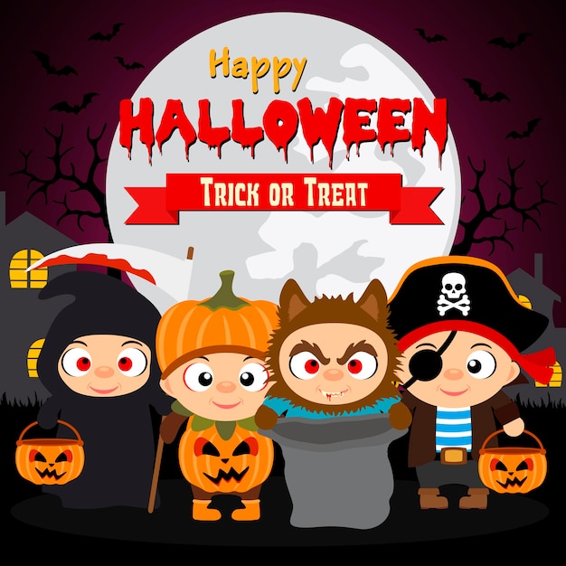 Happy Halloween Trick or Treat с детьми в костюмах