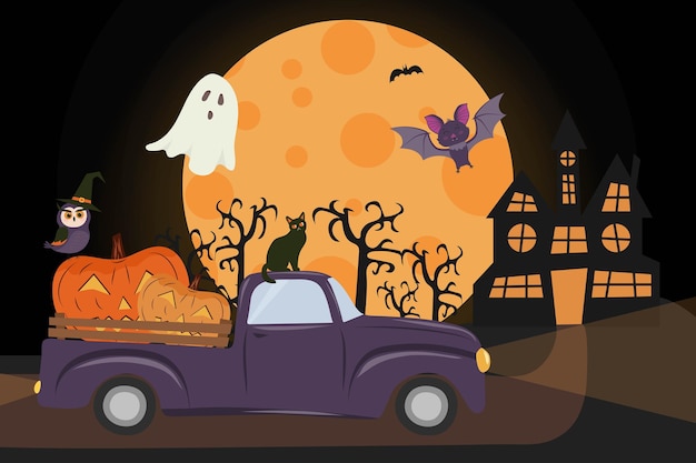 Happy Halloween Truck met Pompoenen Jack Olantern Vampire Bat spookkat uil in de heksenhoed