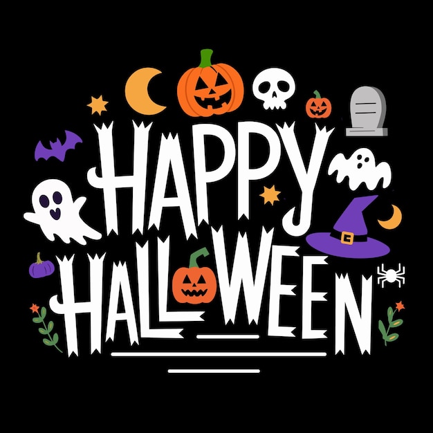 Happy Halloween Typografie met elementen op paarse achtergrond